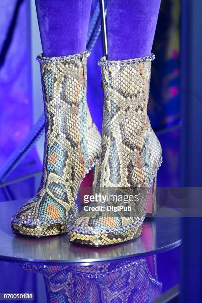 snake leather boots on blue background - metallic shoe 個照片及圖片檔