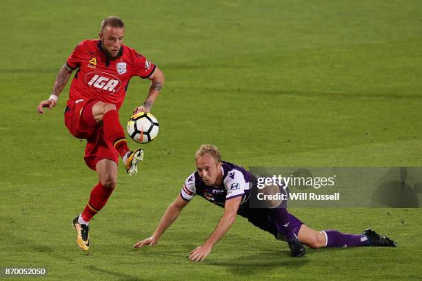 Daniel Adlung of the Reds controls the ball during the round five A-League match between the Perth Glory and Adelaide United at nib Stadium on...