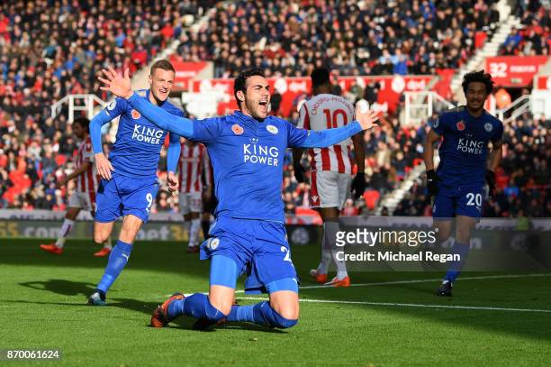 Vicente Iborra of Leicester City celebrates scoring his sides first goal during the Premier League match between Stoke City and Leicester City at...