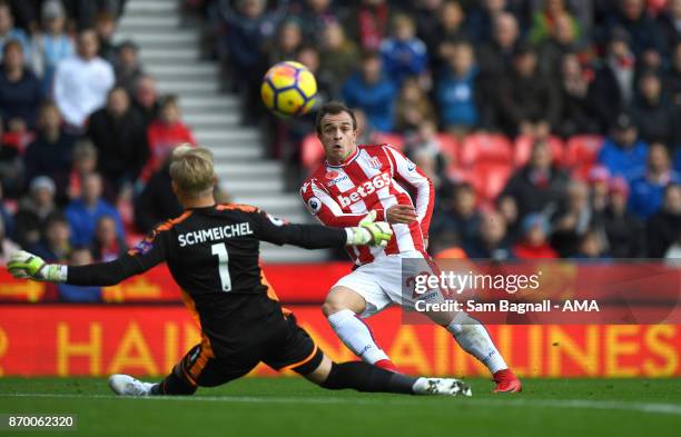 Xherdan Shaqiri of Stoke City scores a goal to make it 1-1 during the Premier League match between Stoke City and Leicester City at Bet365 Stadium on...