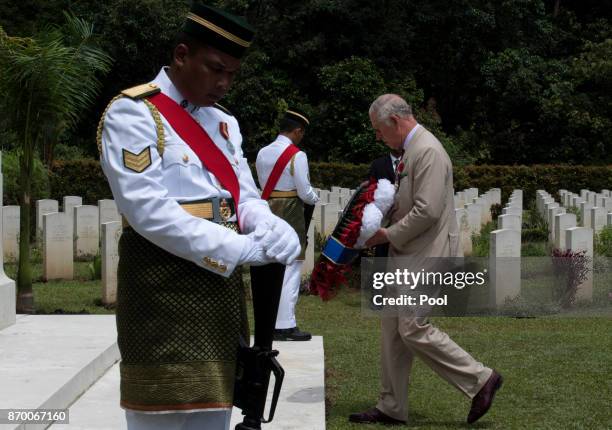 Prince Charles, Prince of Wales lays a wreath during a visit to the Taiping Commonwealth War Graves Cemetery on November 04, 2017 in Taiping Malaysia.