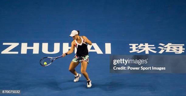 Ashleigh Barty of Australia hits a return during the singles semi final match of the WTA Elite Trophy Zhuhai 2017 against Coco Vandeweghe of United...