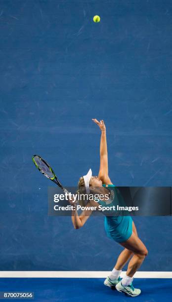 Coco Vandeweghe of United States serves during the singles semi final match of the WTA Elite Trophy Zhuhai 2017 against Ashleigh Barty of Australia...