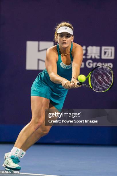 Coco Vandeweghe of United States hits a return during the singles semi final match of the WTA Elite Trophy Zhuhai 2017 against Ashleigh Barty of...