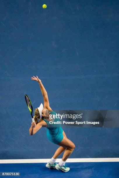 Coco Vandeweghe of United States serves during the singles semi final match of the WTA Elite Trophy Zhuhai 2017 against Ashleigh Barty of Australia...