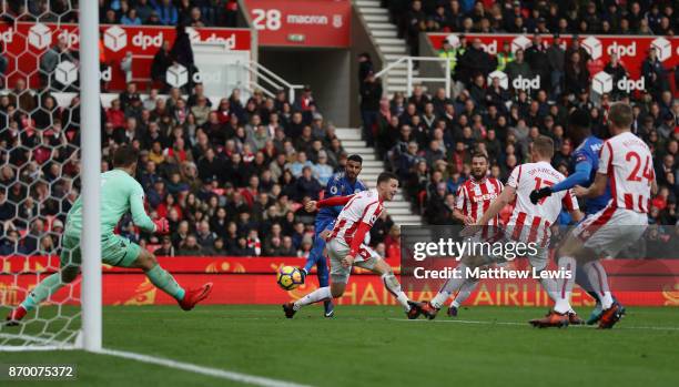 Riyad Mahrez of Leicester City scores his sides second goal during the Premier League match between Stoke City and Leicester City at Bet365 Stadium...