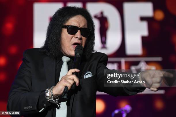Gene Simmons performing at the FIDF Western Region Gala at The Beverly Hilton Hotel on November 2, 2017 in Beverly Hills, California.
