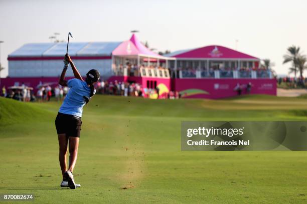 Aditi Ashok of India plays her second shot on the 18th hole during Day Four of the Fatima Bint Mubarak Ladies Open at Saadiyat Beach Golf Club on...