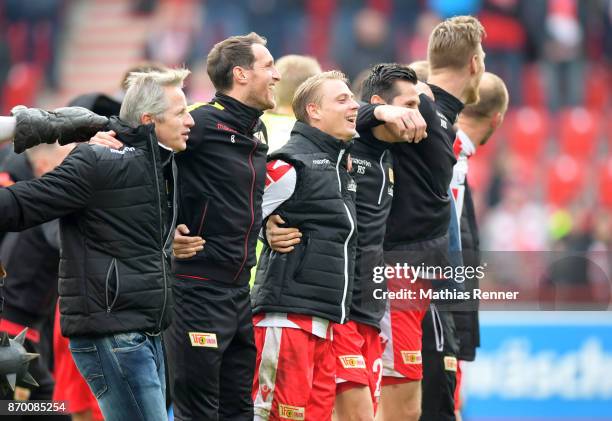 Coach Jens Keller,Stephan Fuerstner, Simon Hedlund, Steven Skrzybski and Sebastian Polter of 1.FC Union Berlin after the game between Union Berlin...