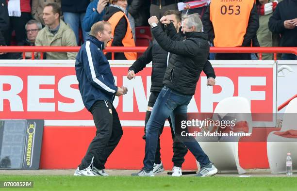 Assistant coach Henrik Pedersen, assistant coach Sebastian Boenig and coach Jens Keller of 1 FC Union Berlin after the game between Union Berlin and...