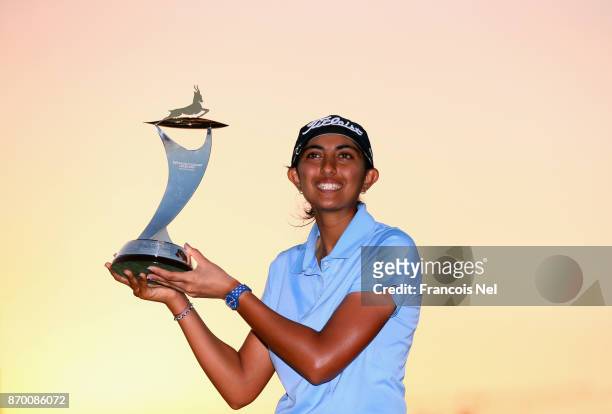 Aditi Ashok of India poses with the trophy following her victory during Day Four of the Fatima Bint Mubarak Ladies Open at Saadiyat Beach Golf Club...