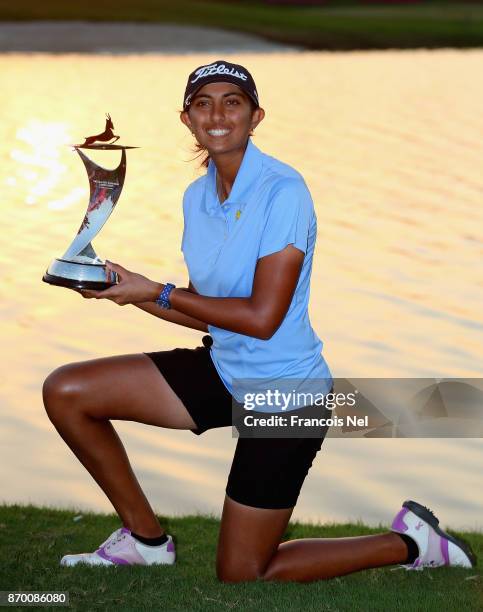 Aditi Ashok of India poses with the trophy following her victory during Day Four of the Fatima Bint Mubarak Ladies Open at Saadiyat Beach Golf Club...