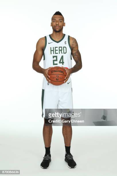 Joel Bolomboy of the Wisconsin Herd poses for a portrait during the NBA G-League media day at the Oshkosh Convention Center on November 3, 2017 in...