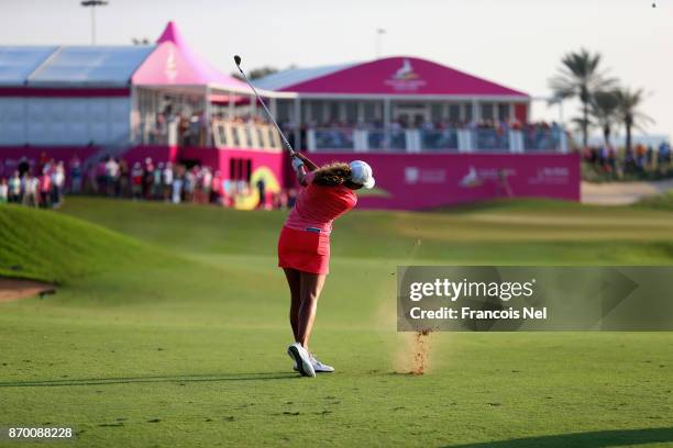 Cheyenne Woods of USA plays her second shot on the 18th hole during Day Four of the Fatima Bint Mubarak Ladies Open at Saadiyat Beach Golf Club on...