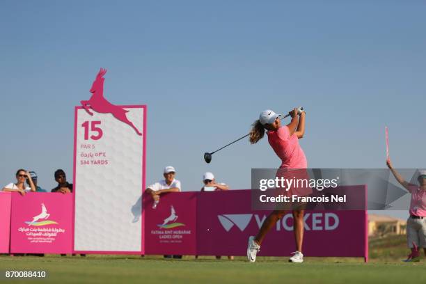 Cheyenne Woods of USA tees off on the 15th hole during Day Four of the Fatima Bint Mubarak Ladies Open at Saadiyat Beach Golf Club on November 4,...