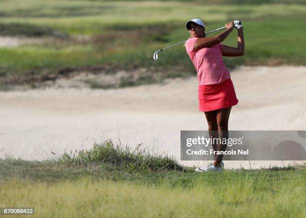 Cheyenne Woods of USA plays her second shot on the 14th hole during Day Four of the Fatima Bint Mubarak Ladies Open at Saadiyat Beach Golf Club on...