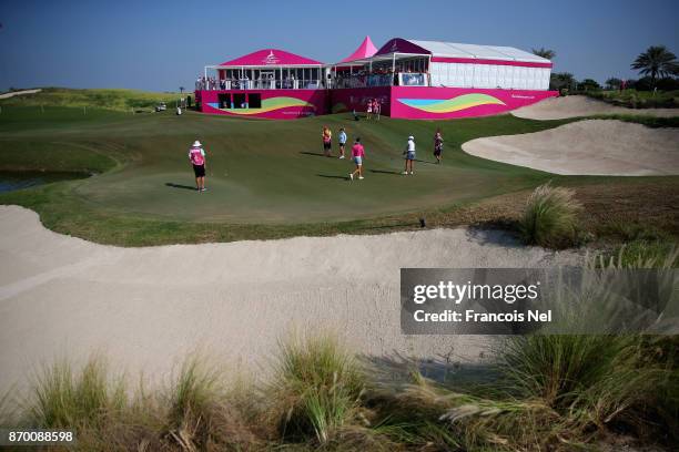 General view of the 18th green during Day Four of the Fatima Bint Mubarak Ladies Open at Saadiyat Beach Golf Club on November 4, 2017 in Abu Dhabi,...