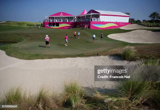 General view of the 18th green during Day Four of the Fatima Bint Mubarak Ladies Open at Saadiyat Beach Golf Club on November 4, 2017 in Abu Dhabi,...