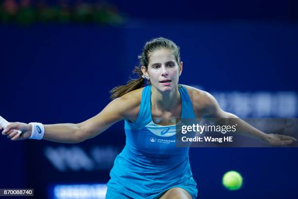 Julia Goerges of Germany hits a return in her Semi final match against Anastasija Sevastova of Latvia during the WTA Elite Trophy Zhuhai 2017 at...