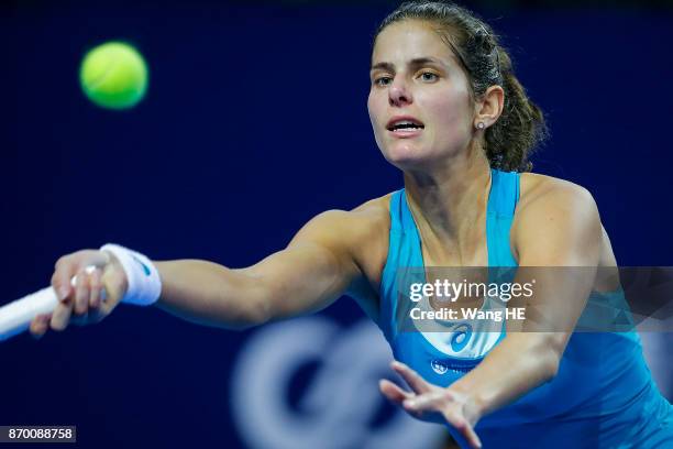 Julia Goerges of Germany hits a return in her Semi final match against Anastasija Sevastova of Latvia during the WTA Elite Trophy Zhuhai 2017 at...