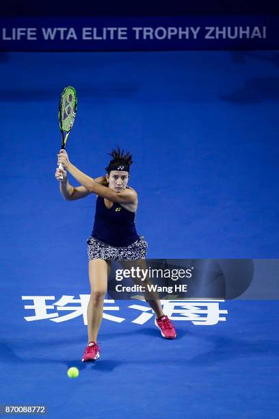 Anastasija Sevastova of Latvia hits a return in her Semi final match against Julia Goerges of Germany uring the WTA Elite Trophy Zhuhai 2017 at...