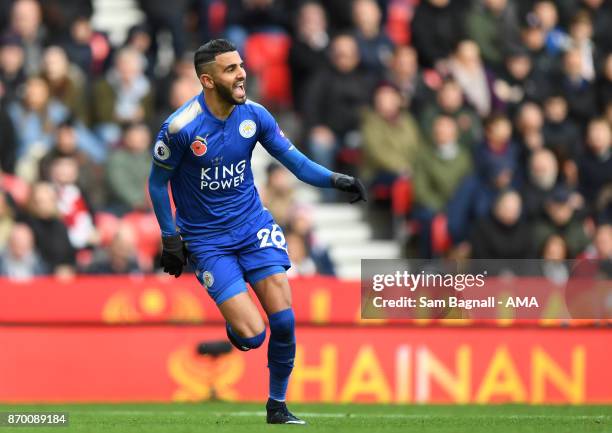 Riyad Mahrez of Leicester City celebrates after scoring a goal to make it 1-2 during the Premier League match between Stoke City and Leicester City...