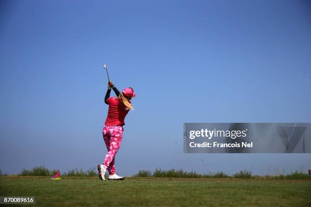 Supamas Sangchan of Thailand tees off on the 6th hole during Day Four of the Fatima Bint Mubarak Ladies Open at Saadiyat Beach Golf Club on November...