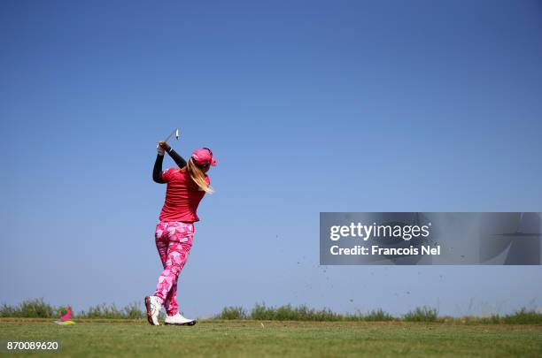 Supamas Sangchan of Thailand tees off on the 6th hole during Day Four of the Fatima Bint Mubarak Ladies Open at Saadiyat Beach Golf Club on November...