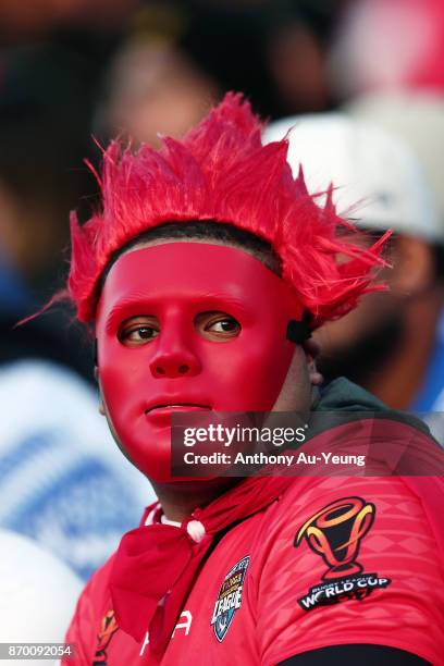 Fans showing their support during the 2017 Rugby League World Cup match between Samoa and Tonga at Waikato Stadium on November 4, 2017 in Hamilton,...