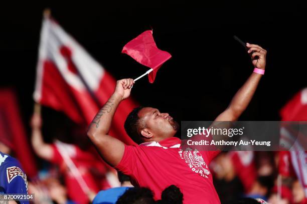 Fans showing their support during the 2017 Rugby League World Cup match between Samoa and Tonga at Waikato Stadium on November 4, 2017 in Hamilton,...