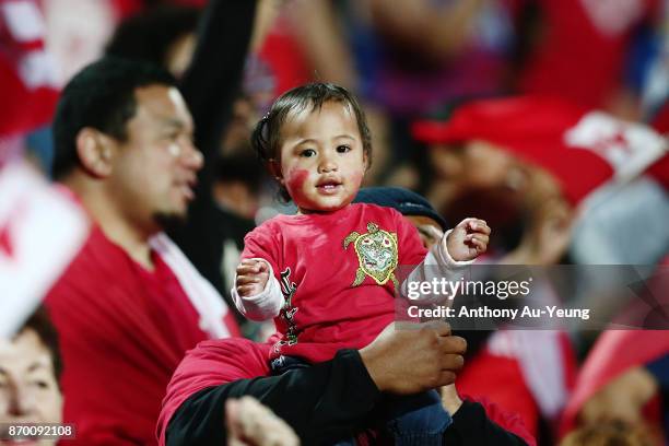 Fans showing their support during the 2017 Rugby League World Cup match between Samoa and Tonga at Waikato Stadium on November 4, 2017 in Hamilton,...