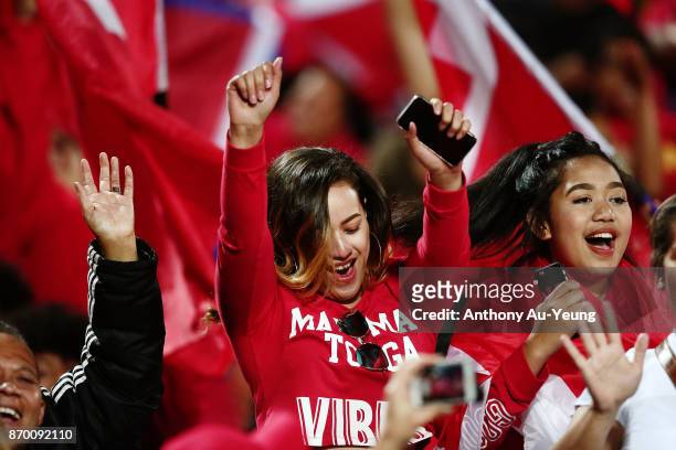 Fans showing their support during the 2017 Rugby League World Cup match between Samoa and Tonga at Waikato Stadium on November 4, 2017 in Hamilton,...
