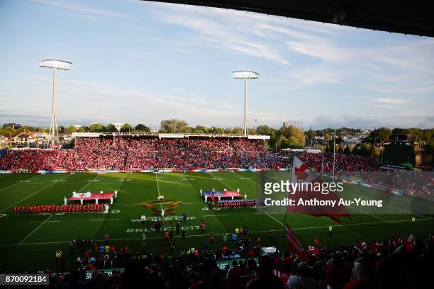 General view is seen as both teams stand for the national anthems during the 2017 Rugby League World Cup match between Samoa and Tonga at Waikato...