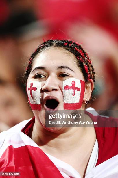 Fans showing their support during the 2017 Rugby League World Cup match between Samoa and Tonga at Waikato Stadium on November 4, 2017 in Hamilton,...