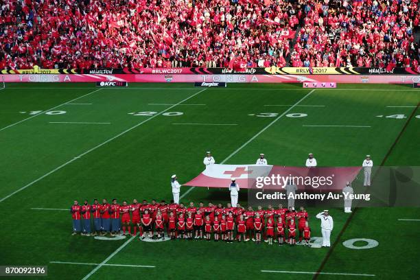 Players of Tonga stand for the national anthem during the 2017 Rugby League World Cup match between Samoa and Tonga at Waikato Stadium on November 4,...