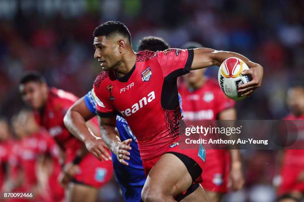 Daniel Tupou of Tonga makes a break during the 2017 Rugby League World Cup match between Samoa and Tonga at Waikato Stadium on November 4, 2017 in...