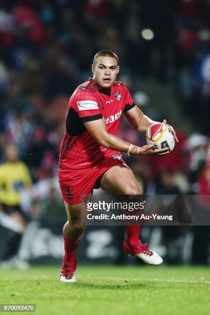 Tuimoala Lolohea of Tonga in action during the 2017 Rugby League World Cup match between Samoa and Tonga at Waikato Stadium on November 4, 2017 in...