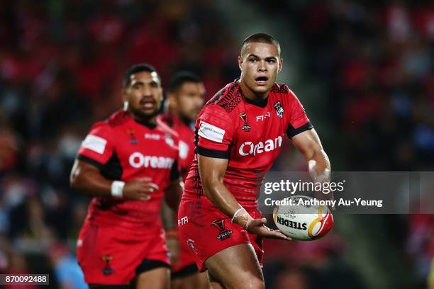 Tuimoala Lolohea of Tonga in action during the 2017 Rugby League World Cup match between Samoa and Tonga at Waikato Stadium on November 4, 2017 in...