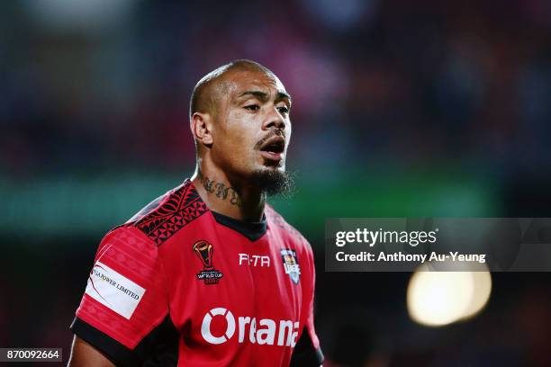 Sika Manu of Tonga looks on during the 2017 Rugby League World Cup match between Samoa and Tonga at Waikato Stadium on November 4, 2017 in Hamilton,...