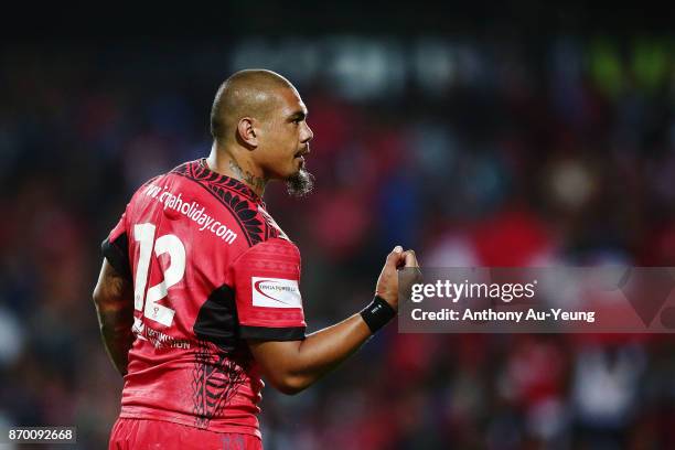 Sika Manu of Tonga reacts during the 2017 Rugby League World Cup match between Samoa and Tonga at Waikato Stadium on November 4, 2017 in Hamilton,...