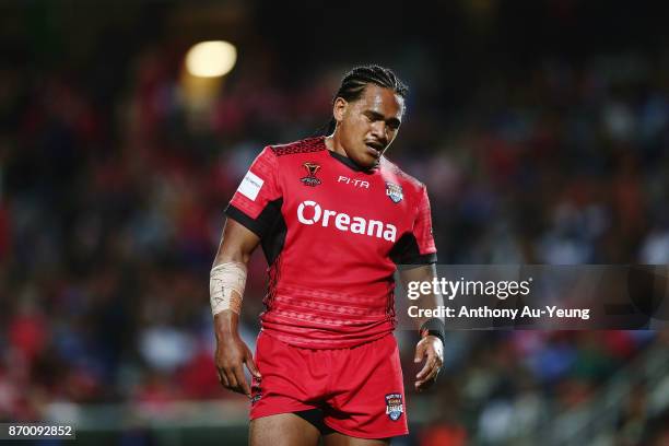 Solomone Kata of Tonga takes a breather during the 2017 Rugby League World Cup match between Samoa and Tonga at Waikato Stadium on November 4, 2017...