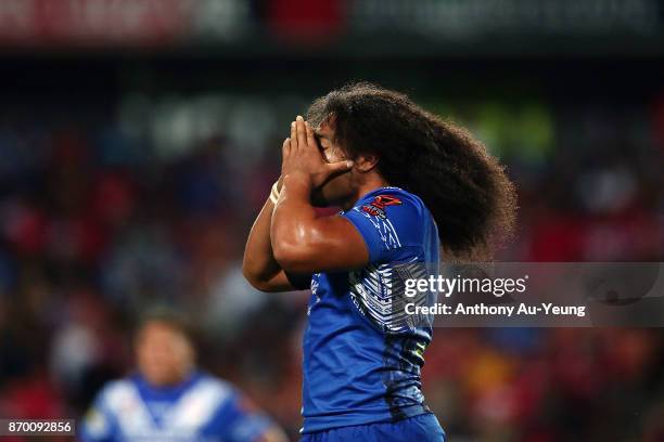 Bunty Afoa of Samoa reacts during the 2017 Rugby League World Cup match between Samoa and Tonga at Waikato Stadium on November 4, 2017 in Hamilton,...