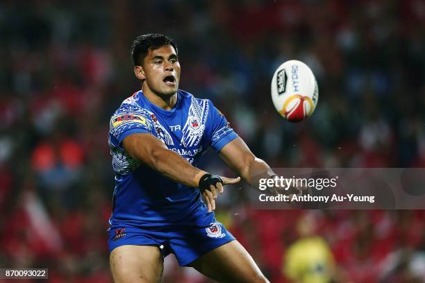 Herman Ese'ese of Samoa in action during the 2017 Rugby League World Cup match between Samoa and Tonga at Waikato Stadium on November 4, 2017 in...