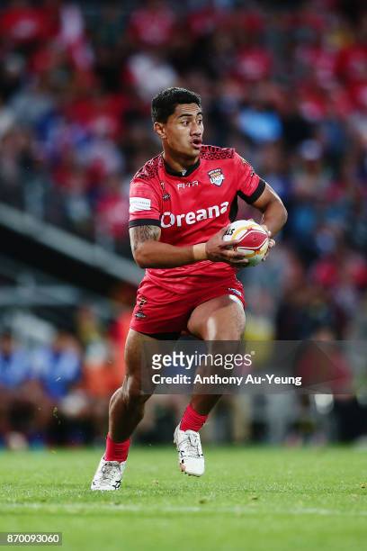 Mafoa'aeata Hingano of Tonga in action during the 2017 Rugby League World Cup match between Samoa and Tonga at Waikato Stadium on November 4, 2017 in...