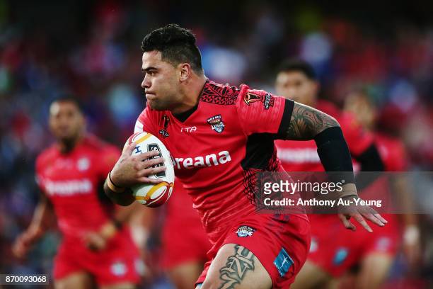 Andrew Fifita of Tonga in action during the 2017 Rugby League World Cup match between Samoa and Tonga at Waikato Stadium on November 4, 2017 in...