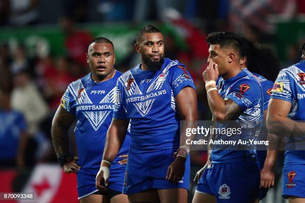 Frank Pritchard of Samoa looks on during the 2017 Rugby League World Cup match between Samoa and Tonga at Waikato Stadium on November 4, 2017 in...