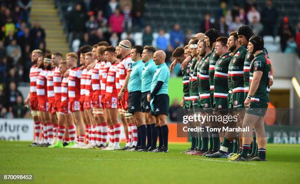 The players of Leicester Tigers and Gloucester Rugby line up for a minutes silence to commemorate Rememberence Day during the Anglo-Welsh Cup match...