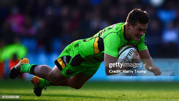 George Furbank of Northampton Saints scores his sides first try during the Anglo-Welsh Cup match between Exeter Chiefs and Northampton Saints at...