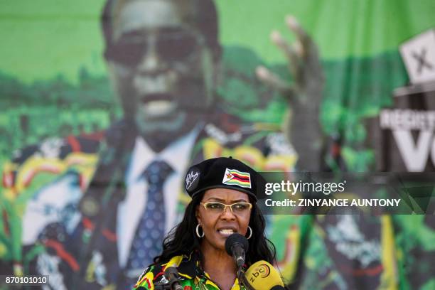 Zimbabwe President's wife Grace Mugabe delivers a speech during the Zimbabwe ruling party Zimbabwe African National Union- Patriotic Front youth...