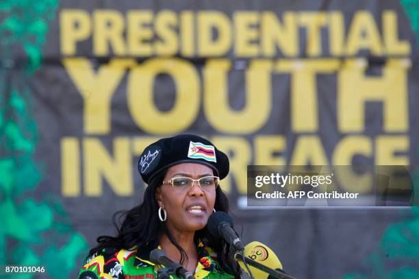 Zimbabwe President's wife Grace Mugabe delivers a speech during the Zimbabwe ruling party Zimbabwe African National Union- Patriotic Front youth...